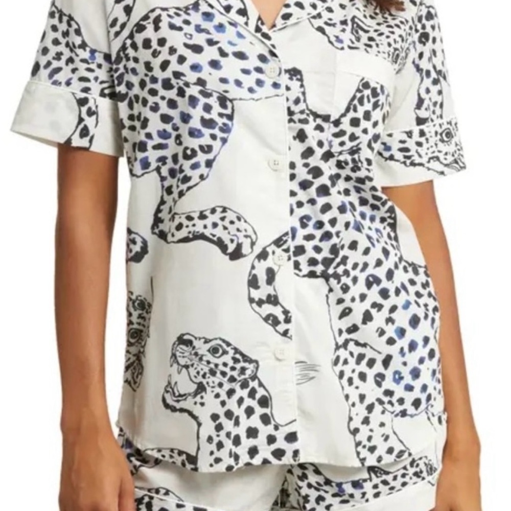 Leopard Print Short Sleeve Pajama Top - White/Black